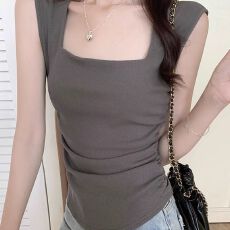 批发40支纯棉  95棉 5氨纶】露肩法式心机小众<b class='q'>显瘦</b>上衣方领T恤女夏季