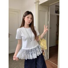 批发人棉   260克 拼接短袖T恤女甜美<b class='q'>显瘦</b>上衣