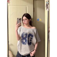 批发（纯棉220克40支奥代尔）印花短袖T恤女露肩<b class='q'>一字肩</b>斜肩