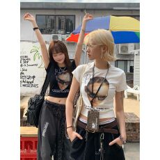 官图 原版品质 美式复古印花正肩短袖t恤女