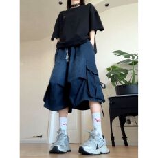 美式高街复古水洗大口袋阔腿七分牛仔裤女夏季潮牌百搭宽松短裤子