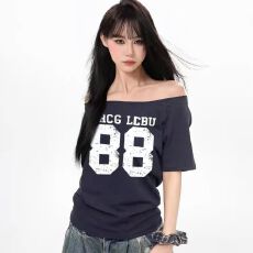 批发<b class='q'>纯棉</b>220克40支奥代尔印花短袖<b class='q'>T</b><b class='q'>恤</b>女露肩一字肩斜肩
