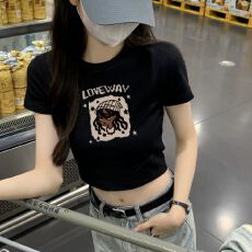 批发黑色圆领正肩短袖<b class='q'>T</b><b class='q'>恤</b>女装夏季新款卡通<b class='q'>嘻哈</b>女孩印花短款露脐上衣