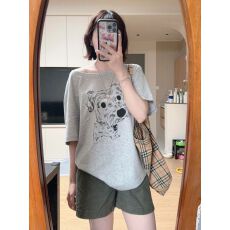 高品质 220克92%棉8%氨纶斜肩短袖t恤女夏季印花宽松甜辣露肩上衣