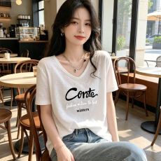 韩系百搭时尚慵懒风V领短袖t恤2026夏季字母印花显瘦宽松上衣女