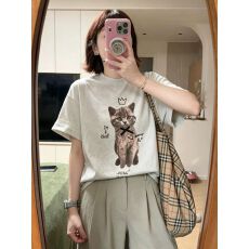 批发【天猫/抖音推荐】重磅纯棉 精梳紧密 猫咪字母印花<b class='q'>宽松</b>短袖<b class='q'>T</b><b class='q'>恤</b>