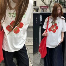 批发【天猫/抖音推荐】重磅纯棉 精梳紧密 番茄水果印花<b class='q'>宽松</b>短袖<b class='q'>T</b><b class='q'>恤</b>