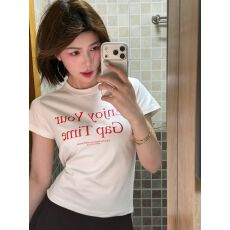220克40支精梳92%棉+8%氨纶后包领正肩直筒显瘦短袖t恤女夏印花
