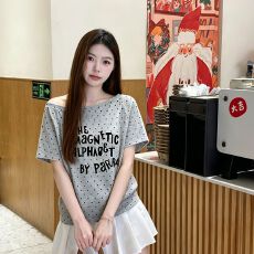 220克40支1*1纯棉  夏季新款韩系波点斜领露肩印花款短袖T恤女