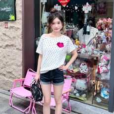 220克40支1*1纯棉  夏季新款韩系波点斜领露肩印花款短袖T恤女