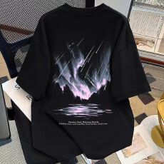 批发【天猫/抖音推荐】重磅纯棉 精梳紧密 流星<b class='q'>雨</b>印花短袖正肩宽松T恤