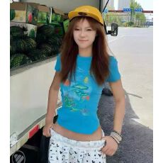 批发【优棉1*1  美式甜酷风手绘涂鸦印花短袖<b class='q'>T</b><b class='q'>恤</b>女夏季蓝色修身上衣潮