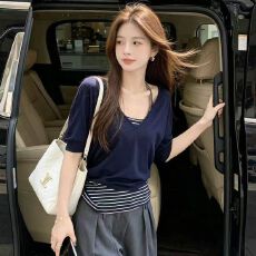 批发人棉莫代尔1*1随心裁260克】 <b class='q'>v领</b>辣妹百搭藏青色真两件套叠穿上衣