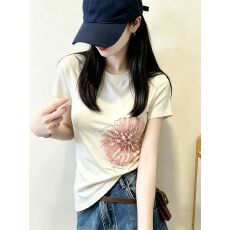 批发210克40支精棉1*1】 新款修身打底法式温柔风印花烫钻短款<b class='q'>T</b><b class='q'>恤</b>女潮