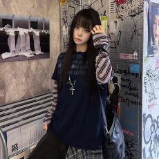 批发美式街头假两件长袖<b class='q'>t</b><b class='q'>恤</b>女春复古条纹拼接设计感上衣vintage