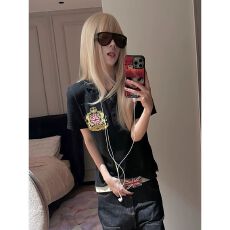 批发-美式复古正肩polo衫<b class='q'>t</b><b class='q'>恤</b>女夏季米字旗帜刺绣短袖修身辣妹上衣