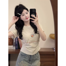 批发【40支纯棉】设计感珍珠印花纯棉收腰显瘦小众夏季