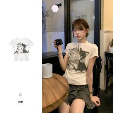 批发【220g40支92%棉8%氨纶<b class='q'>短袖</b>T恤女夏季韩系正肩圆领休闲可爱风上衣