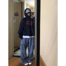 批发无绳有口袋【纯棉银狐绒加绒420克薄款320克】宽松印花连帽卫衣女