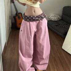 批发【纯棉】粉色条纹褶皱伞兵工装裤裤子<b class='q'>女</b>2026款直筒休闲<b class='q'>长裤</b>