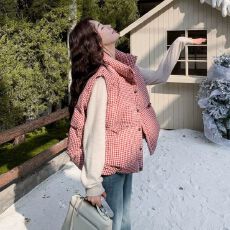 批发秋冬季韩系红色格子宽松棉衣马甲女马夹外穿面包棉袄外套上衣