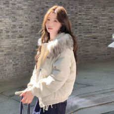 批发2026年秋冬复古设计感可拆卸大毛领短款美式加厚<b class='q'>情侣</b><b class='q'>连帽</b>棉服外套