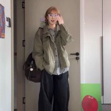 批发好质量工装外套女春秋新款美式复古宽松情侣飞行立领夹克情侣上衣