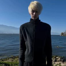 批发宝石蓝高领<b class='q'>开衫</b>毛衣男女同款秋冬季慵懒风宽松高级感针织衫
