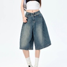 批发美式复古休闲松弛感<b class='q'>牛仔</b>五分<b class='q'>短裤</b><b class='q'>男</b>女夏季新款宽松高街阔腿中裤