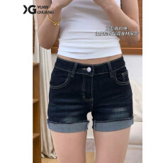 批发美式深蓝色<b class='q'>牛仔</b><b class='q'>短裤</b>女2025秋季新款显瘦辣妹低腰包臀a字卷<b class='q'>边</b>热裤