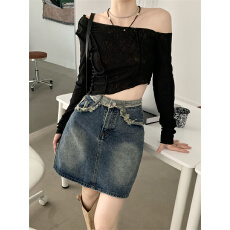 批发适合梨形身材胖妹妹遮跨<b class='q'>牛仔</b>半身裙女宽松辣妹毛边大码A字包臀裙