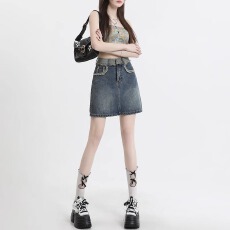 批发复古高腰<b class='q'>牛仔</b>短裙裤女秋季2025新款撞色毛边a字包臀半身裙子ins潮