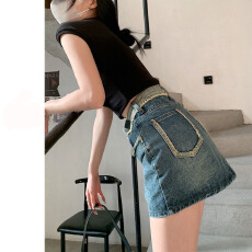 批发2025新款高腰<b class='q'>牛仔</b>短裙女显瘦超火裙裤a字裤裙毛边包臀半身裙