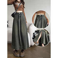 批发水泥灰开叉牛仔<b class='q'>半身裙</b>女秋冬季<b class='q'>高腰</b>a字遮胯梨型身材中长款裙子