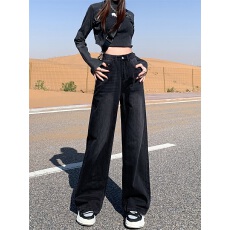 批发美式复古黑色窄版阔腿<b class='q'>牛仔裤</b>女2025潮流新款秋冬小个子宽松直筒裤