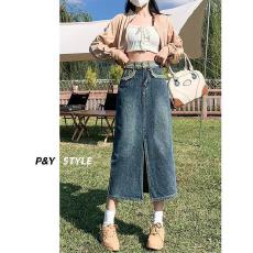 批发2025新款春秋季开叉牛仔半身裙女高腰<b class='q'>大码</b>遮肉显瘦a字包臀中长裙