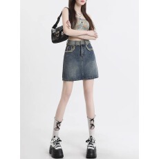 批发复古高腰<b class='q'>牛仔</b>短裙裤女秋季2025新款撞色毛边a字包臀半身裙子ins潮