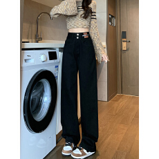 批发黑色阔腿牛仔<b class='q'>裤</b>女款2025新款秋冬复古小个子高腰<b class='q'>宽松</b>显瘦直筒<b class='q'>裤</b>子