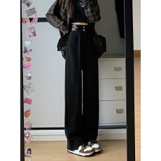 批发黑色阔腿牛仔<b class='q'>裤</b>女2025年新款秋冬<b class='q'>宽松</b>百搭显瘦高腰窄版直筒拖地<b class='q'>裤</b>