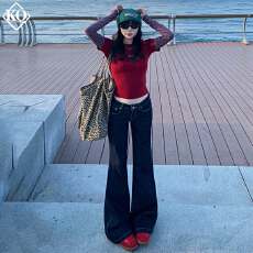 批发深蓝色微喇牛仔裤<b class='q'>女</b>秋冬季美式不贴腿宽松显瘦垂感阔腿微喇裤子