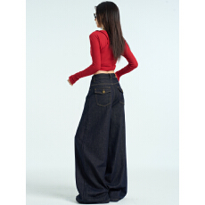 深蓝色阔腿牛仔裤女2025秋冬潮流新款高腰直筒宽松小个子拖地裤