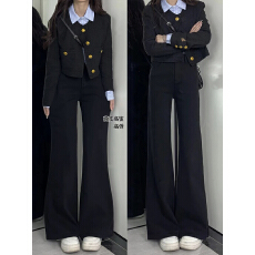 批发黑色高腰<b class='q'>微喇</b><b class='q'>牛仔裤</b>女2025新款加绒小个子弹力显瘦垂感拖地喇叭裤