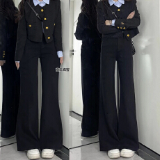 批发黑色加绒微喇牛仔裤女冬2025年新款小个子弹力不贴腿美式喇叭裤子