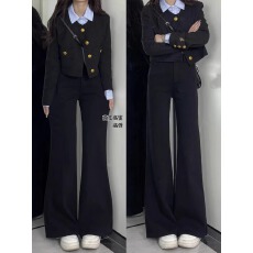 批发黑色不贴腿微喇牛仔裤女<b class='q'>秋</b>冬加绒大码胖妹妹mm高腰显瘦弹力喇叭裤