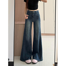 批发复古蓝微喇牛仔<b class='q'>裤</b>女2025秋冬新款宽松显瘦垂感不贴<b class='q'>腿</b>拖地喇叭<b class='q'>裤</b>子