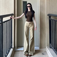 批发美式复古卡其色牛仔<b class='q'>裤</b>女2025新款秋冬低腰显瘦不贴<b class='q'>腿</b>微喇<b class='q'>裤</b>子