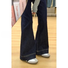 批发深蓝色A版阔腿牛仔裤女秋冬加绒<b class='q'>大码</b>胖mm宽松显瘦梨型身材直筒裤