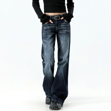 批发美式复古蓝灰直筒微喇<b class='q'>牛仔裤</b>女潮流百搭新款低腰修身显瘦马蹄裤