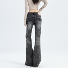 批发复古烟灰色微喇<b class='q'>牛仔裤</b>女2025新款修身弹力低腰显瘦拖地喇叭裤