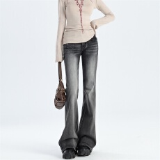 批发美式复古小众水洗折痕修身弹力微喇裤女新款低腰显瘦百搭<b class='q'>牛仔裤</b>潮